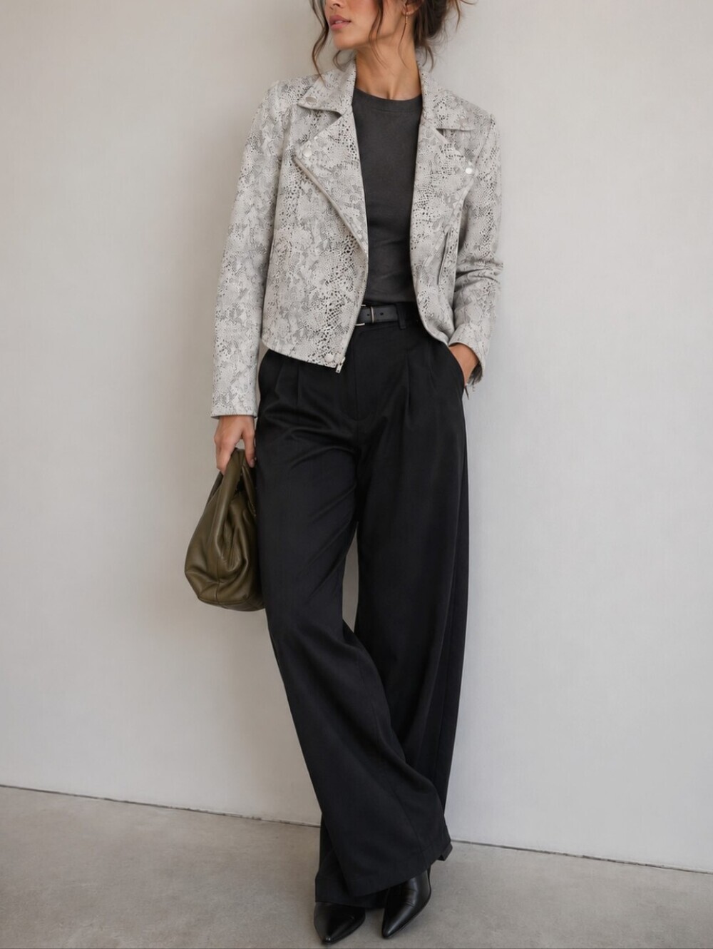 Ladies Faux-Suede Cropped Motto Snake Print Jacket, Sleek Modern Edgy, Size M